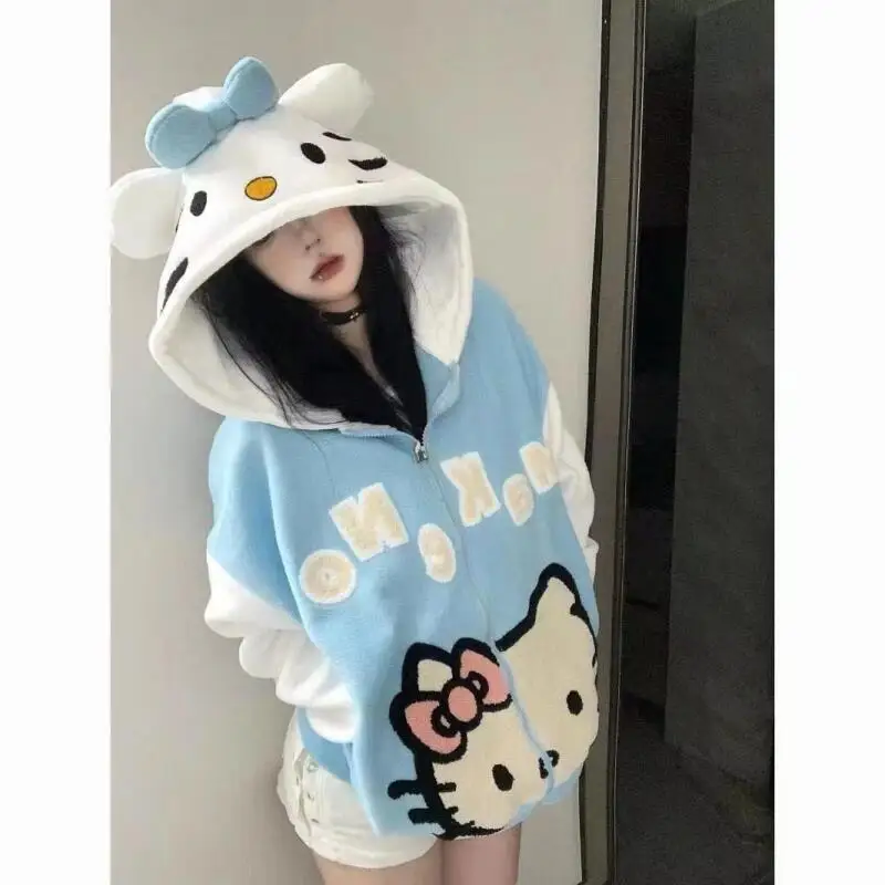 Felpa con cappuccio con zip stile Hello Kitty in peluche Y2K con stampa carina oversize con cappuccio streetwear felpa casual giacca maglione cappotto da donna