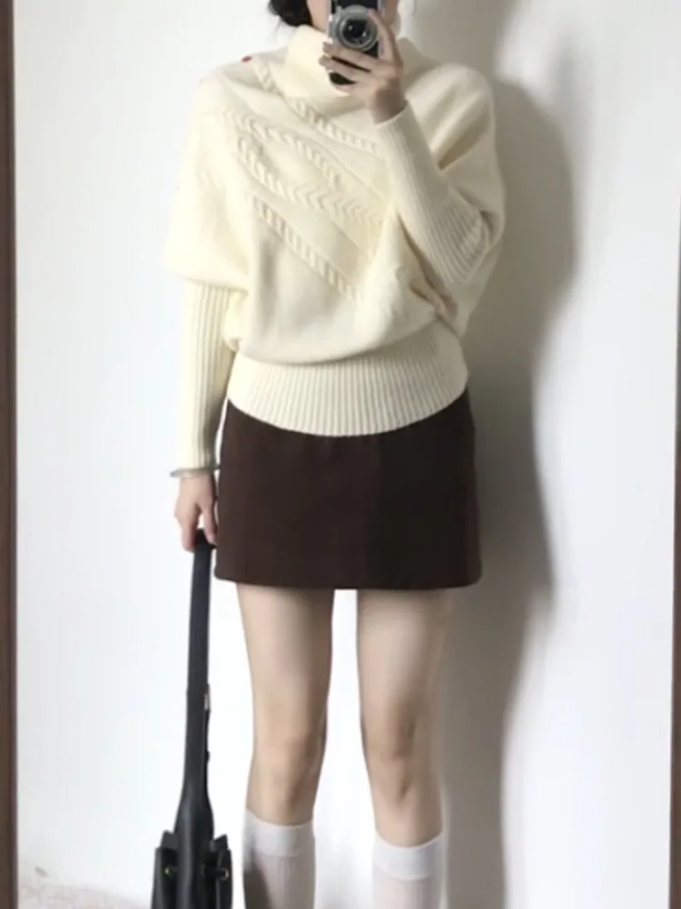 Suéter de Punto ueso de Cuello Alto Estilo Coreano para Mujer, Moda Otoño Invierno, Ajuste Hoado, Estilo Juvenil
