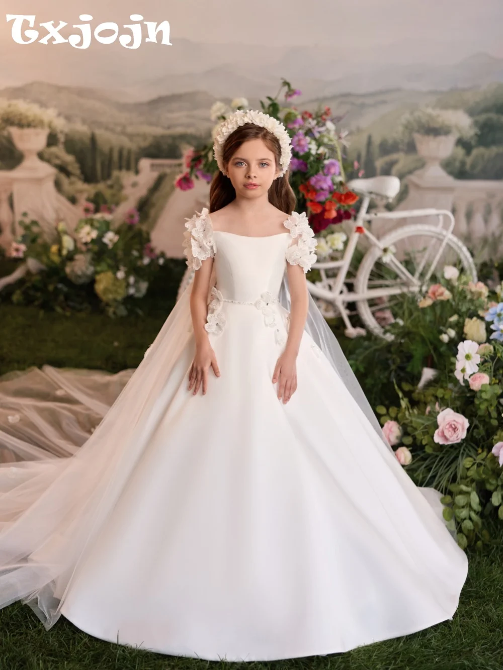 Exquisite Beaded Floral Girls Dresses With Cape For Birthday Party Dreamy Satin Short Sleeve Kid Pageant Gowns Communion Dresses