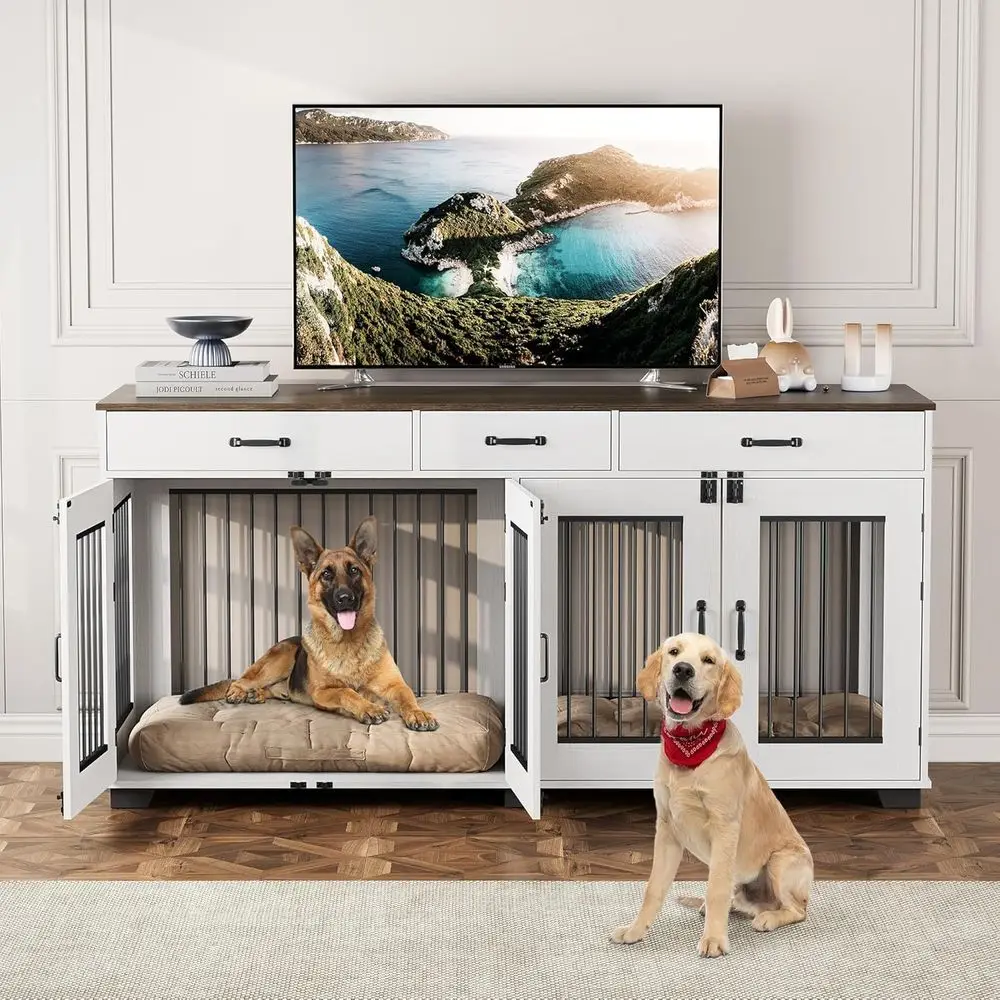 

Large 71 Dog Crate Furniture with 3 Drawers, Removable Divider, and TV Stand Side Table for Medium to Large Dogs in White