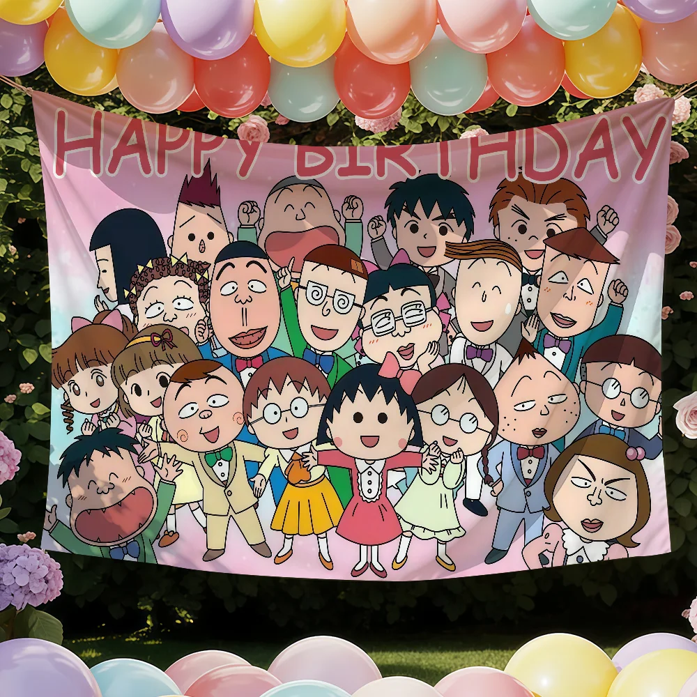 C-Chibi Maruko Chan Birthday flag Tapestries Outdoor Parties Bedrooms Living Rooms Dorm Rooms Wall Decor Banners Gifts