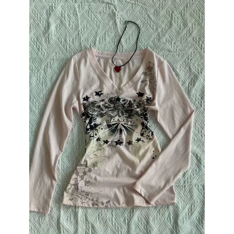 Vintage Gothic Aesthetics T-shirt Women Harajuku Streetwear Punk Embroidery Button Long Sleeve Slim T- Tops Y2k Clothing Design