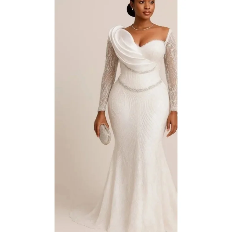 

Custom New African Lady's White Elegant Fishnet Gown Wedding Dress with Unique Design Long Sleeves Beaded Embroidery And Lace