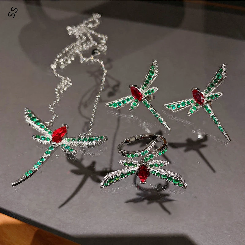 DIY Collocation Garment Accessories Sets Earring Studs Necklace and Open Ring for Men/Women with Zircon Dragonfly Animal Design