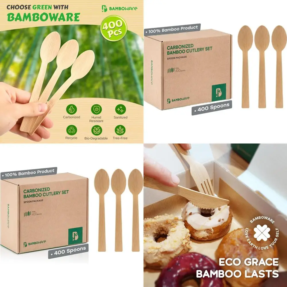 Juego de Cubiertos de Bambú - 400 Cucharas Carbonizadas, Desechables y Biodegradables para una Alimentación Ecológica