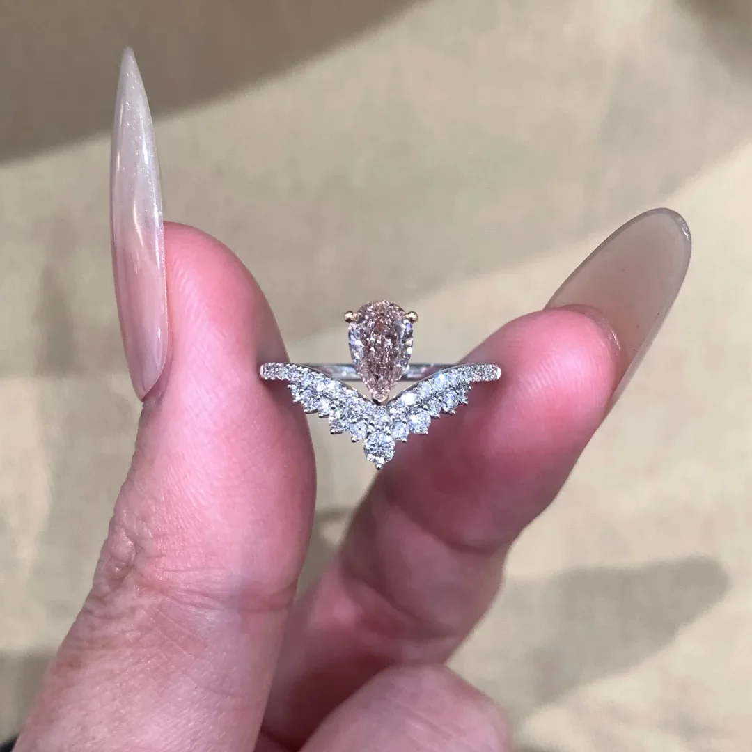 Luxury Pink Pear Cut Cubic Zirconia Ring for Women, 925 Silver V Shape Band, Elegant Promise Engagement Wedding Jewelry Gift