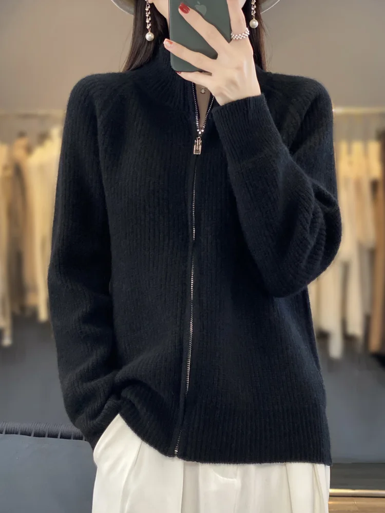 2024 Autumn Winter Pure Merino Wool Sweater Striped Zipper Turtleneck Knitted Cardigan Casual Thick Cashmere Clothing Tops