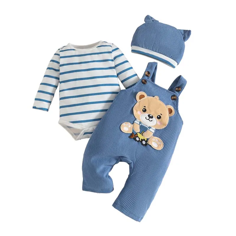 

Autumn 0-18 Months Baby Boy Girl Clothes 3Pcs Sets Long Sleeves Striped Jumpsuits Cute Bear Suspender Pants Hat Newborn Clothing