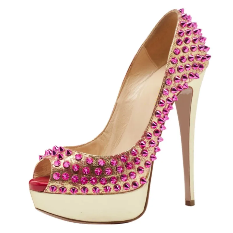 DIZHUANG Fashionable women's high heels. Golden leather single shoes. Rivet shoes. About 15cm heel height. Peep toe pumps 34-46