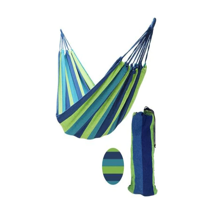 Portable Canvas Hammock with Anti-Rollover Design, Breathable & Stable Knots, Vibrant Blue & Green Stripes, Perfect for Garden,