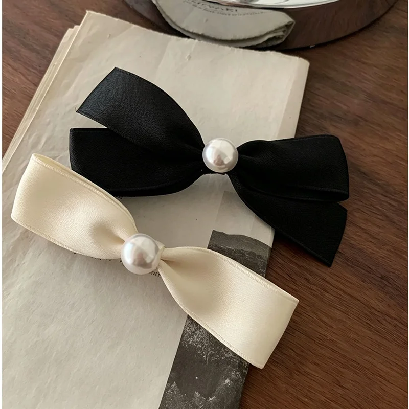 Bridesmaid Korean Style Autumn and Winter Black Barrettes Sweet Pearl Bow Duckbill Clip All-Matching Bang Clip Accessories New