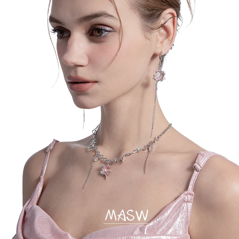MASW Original Design Senior Sense High Quality Brass Thick Silver Plated Pink Moon Dangle Earrings For Women Girl Gift 2023