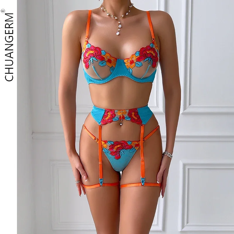 

CHUANGERM Sexy Color Blocking Embroidery Big Flower with Steel Ring Bra Garter Belts Leg Circumference Sexy Underwear 4Piece Set