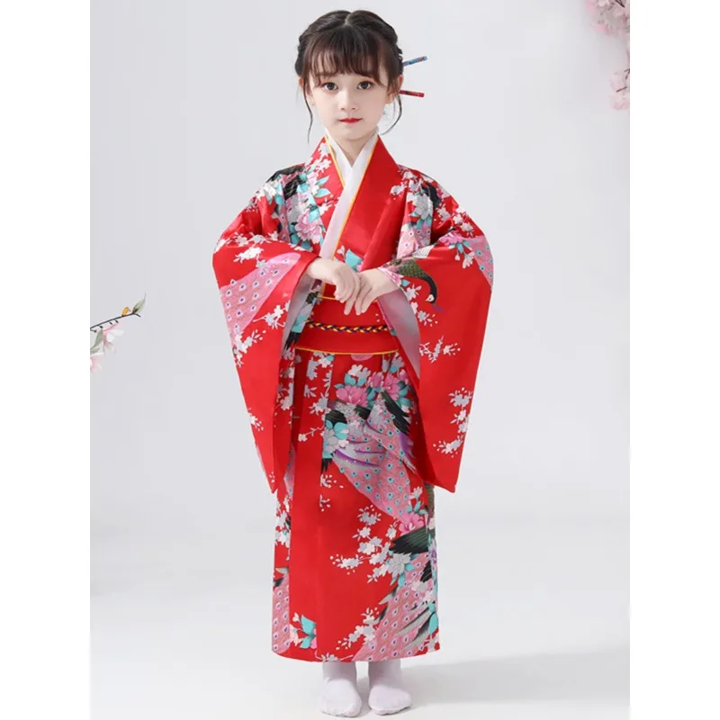 High Quality Children Girls Red Japanese Kimono Bathrobe Gown Print Flower Performance Clothing  Soft Cosplay Costume