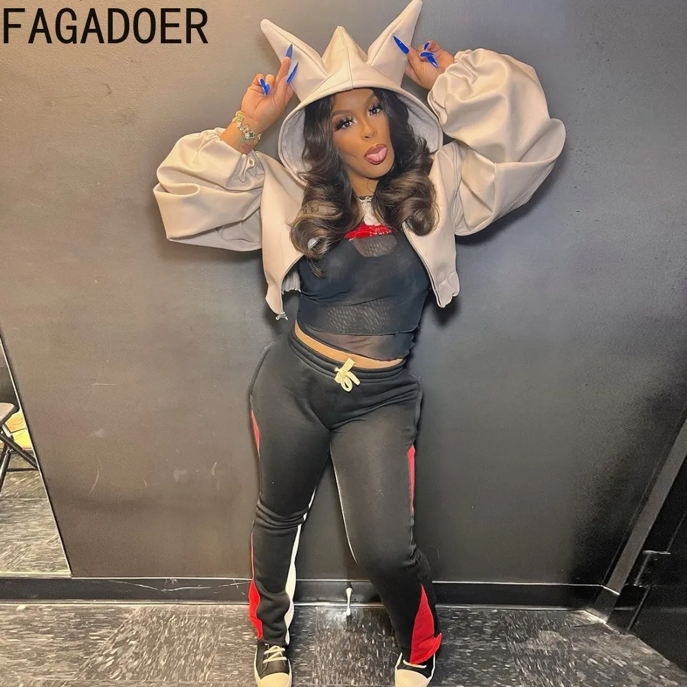 FAGADOER Sexy Leather Patchwork Jacket Women Solid Color Long Sleeve Zipper Hooded Jacket Female Streetwear Clothing Autumn New