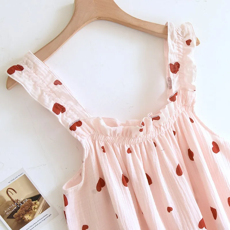 2024 New Japanese Summer Sleeping Dress 100% Cotton Crepe Thin Sling Dress Ladies Sweet and Cute Tank Top Long Dress Home Dress