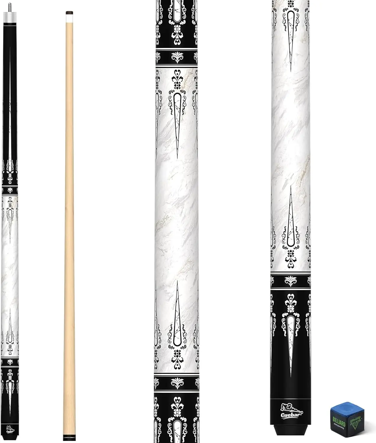 

58 Inch 2-Piece Billiard Cue with Geometric Inlays, Unwrapped Grip, Maple Shaft, 13mm Tip - Choose Colors & Weights