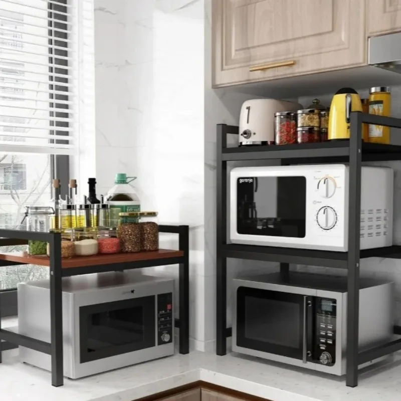 Multi-Functional Space Saving Microwave Stand with Wooden Shelves,Countertop Spice Cookware Organizer forOven Toaster Dinnerware