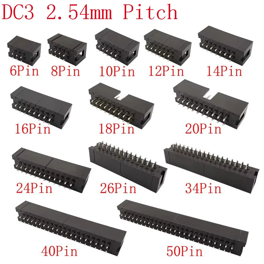 10Pcs DC3 2.54mm Pitch Double Row Male 6P 8P 10P 14P 16P 20P 26P 30P 34P 40P 50Pin Straight IDC Connector PCB Socket