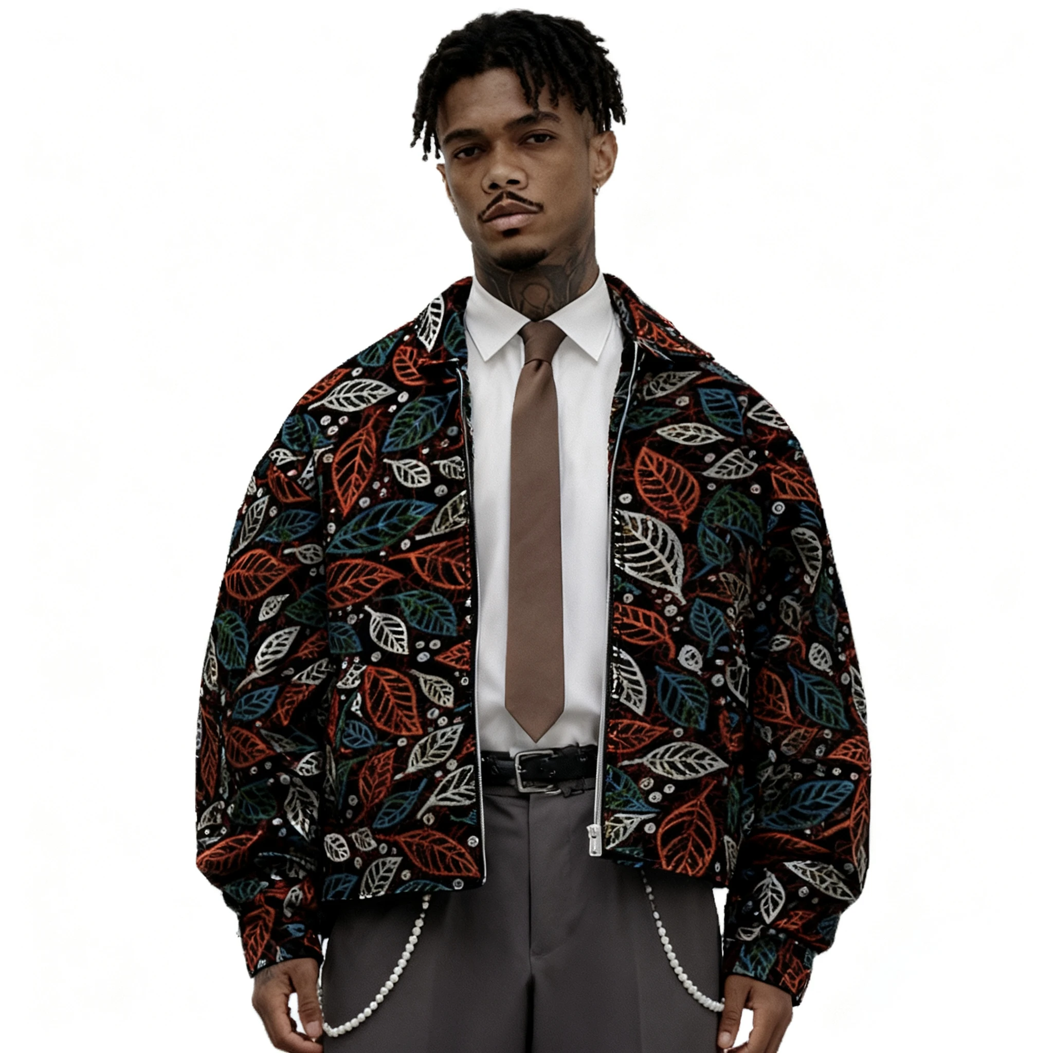 

Мужская модная короткая хлопковая стеганая куртка с отложным воротником и принтом листьев и пайетками, стеганая уличная одежда, свободное пальто на молнии