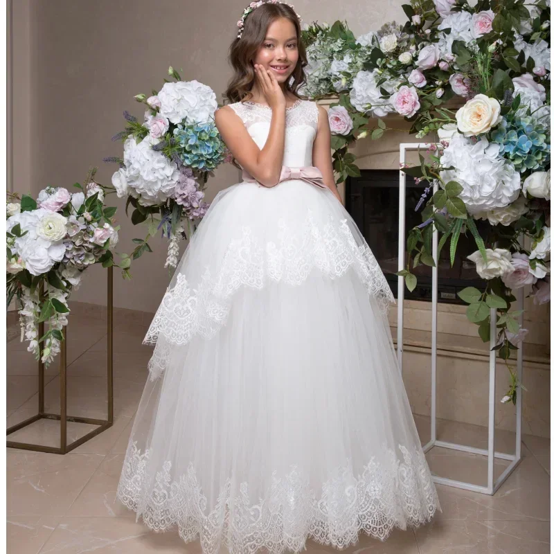 

Custom White Tulle Lace Appliques With Pink Bow Belt Sleeveless For Wedding Birthday Banquet Princess Gowns Flower Girl Dresses