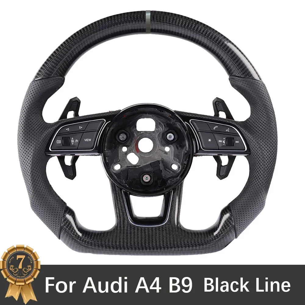 For Audi A4 B9 Gray Lable Carbon Fiber Perforated Black Stitching Steering Wheel  S/RS  Logo Accessories