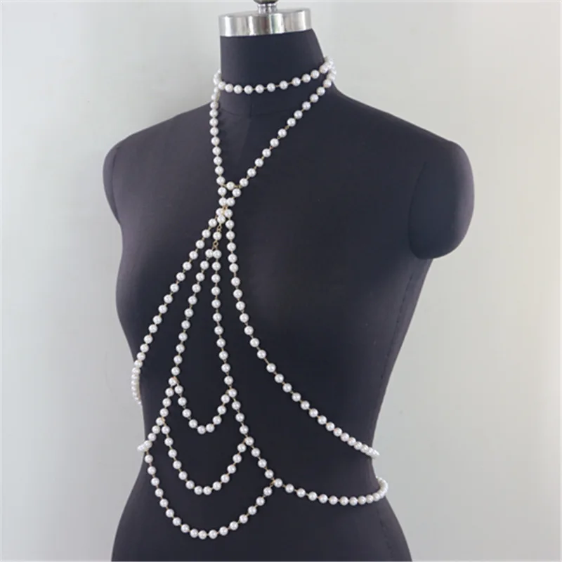 Fashionable Multi-Layer Wave Tassel Necklace Pearl Chain Top Body Chain European And American Style Elegant Drapey Choker