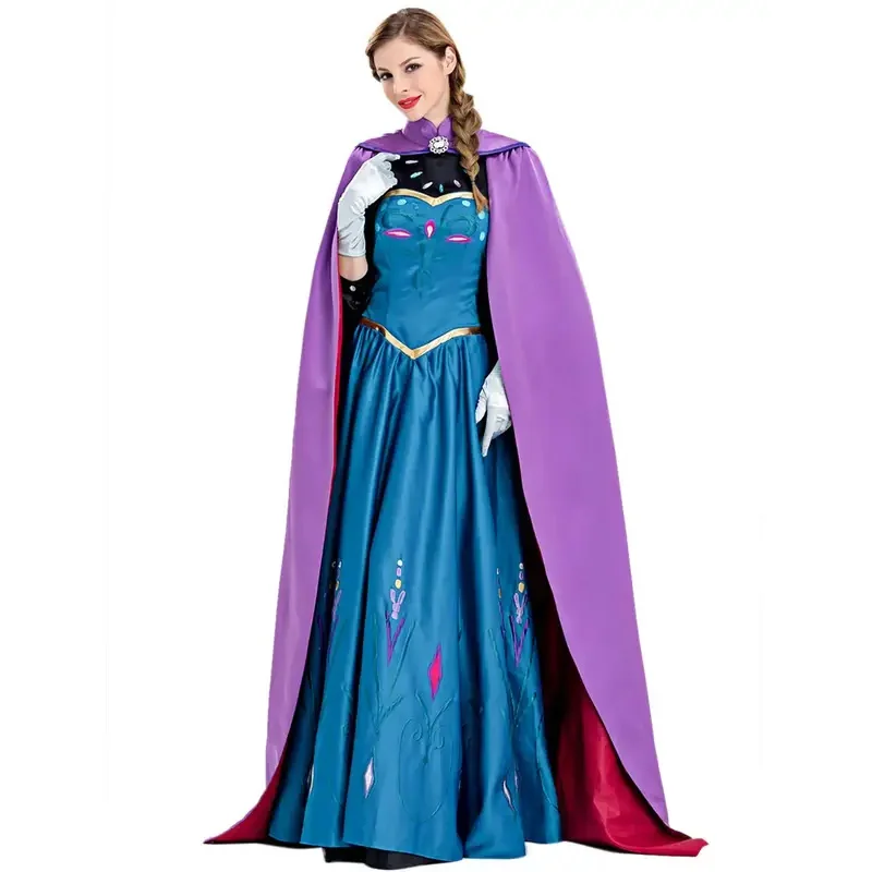 Frozen Anna Princess Long Dress with Clocak Adults Snow Queen Elsa Cosplay Costume Party Dresses for Women Halloween Fancy Dress