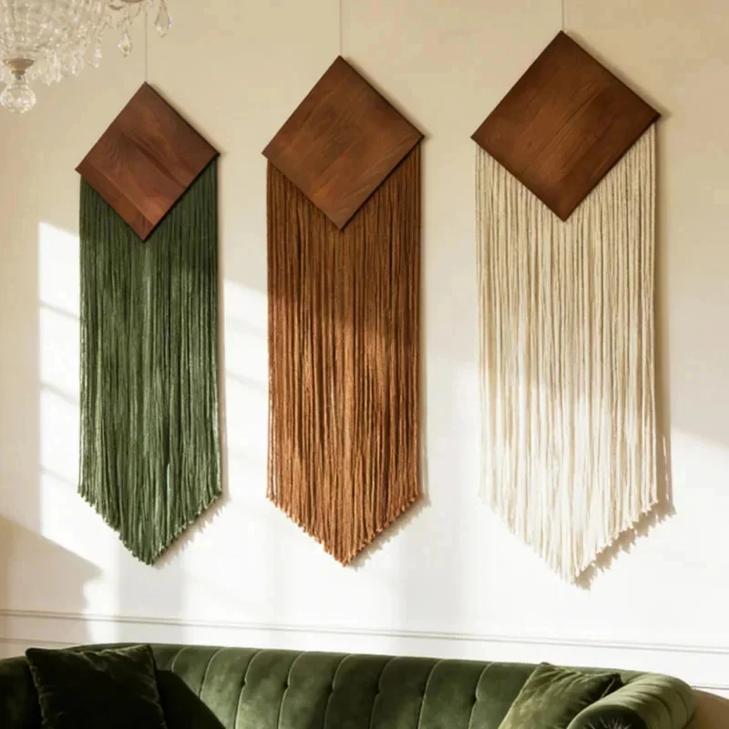 Macrame Wall Hanging Cotton Rope Tapestry Boho Diamond Wood Board Tassel Pendant Hotel Room Home Wall Decor