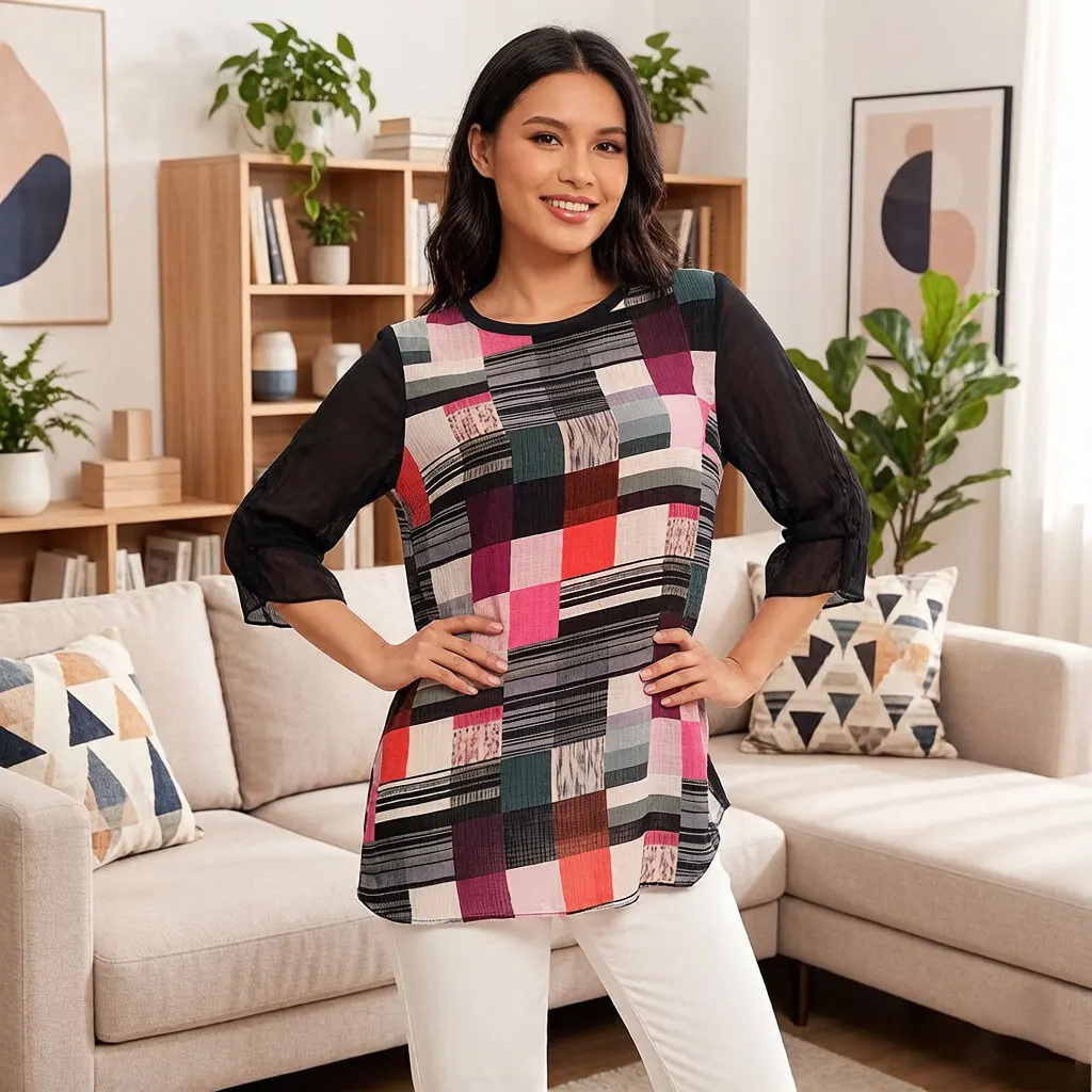 Women Color Block Geometric Print Blouse Chiffon Top with Mesh Sleeve Round Neck Casual Loose Fit Summer Tunic view 6