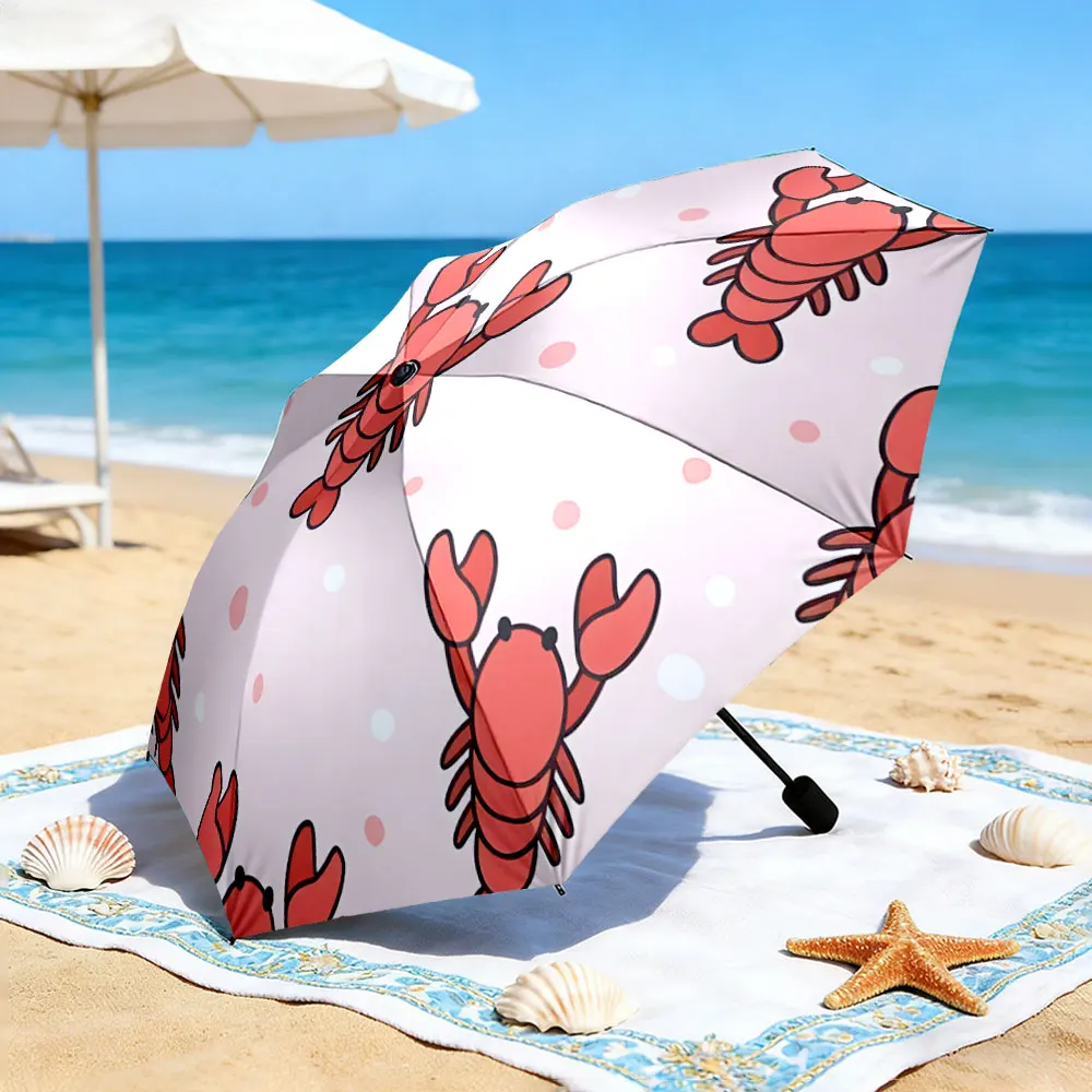 1PC Lobster-Patterned Umbrella by a Scenic Lake Picnic Spot Print 8 Iron Ribs Folding Umbrella Auto-Open Fashion Sunshade