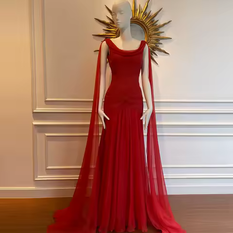 Simple Red Chiffon Customized Evening Dress Elegant Scoop Sleeveless Mermaid Homecoming Dresses Watteau Train Celebrity Gowns