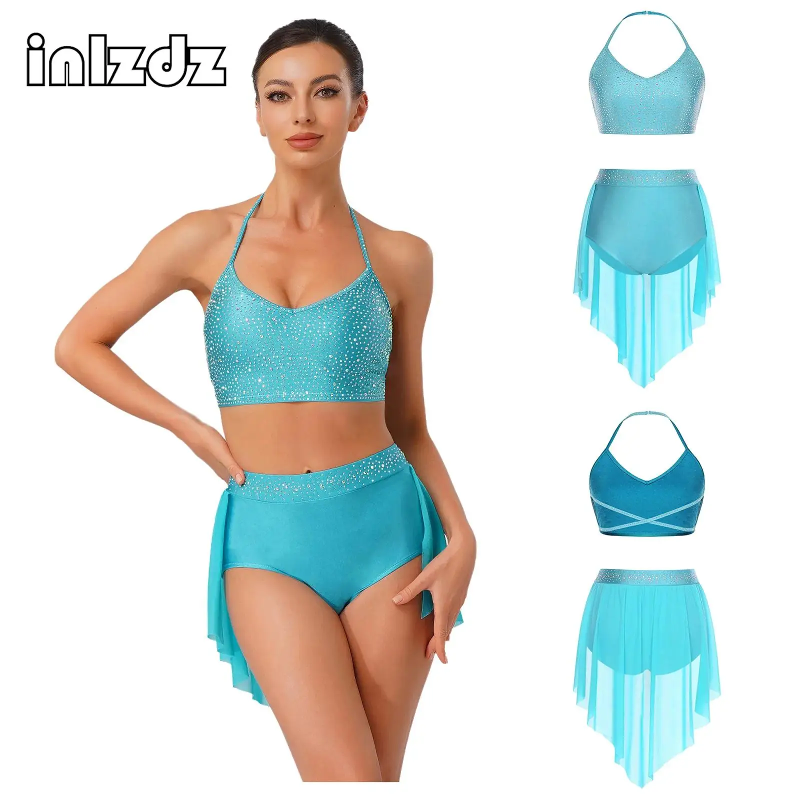 

Womens Lyrical Dance Outfit Two Piece Dancewear Sets Rhinestone Backless Camisole Top+Skirted Shorts for Modern Figure Skating