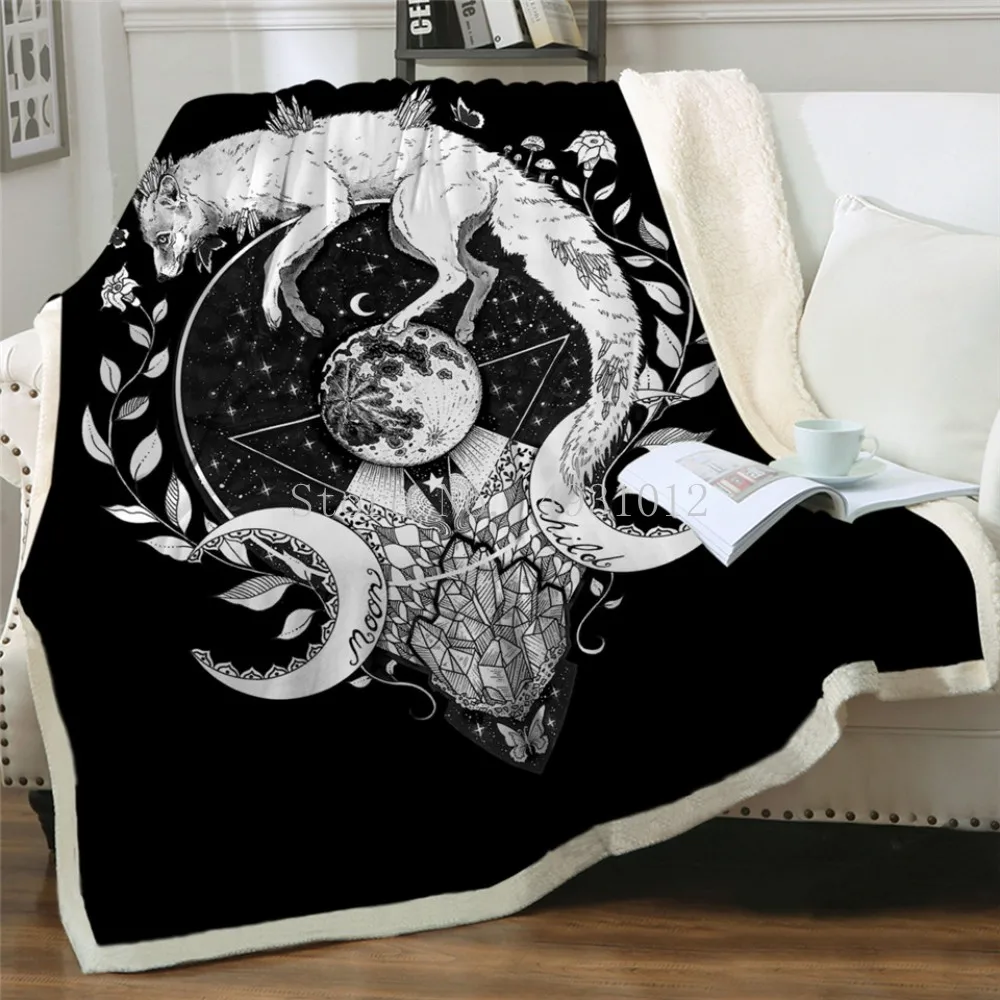 Moon Child by Pixie Cold Art Bed Blankets Wolf Galaxy Plush Bedspread Fox Soft Throw Blanket Planet Black Linen Blanket for Sofa