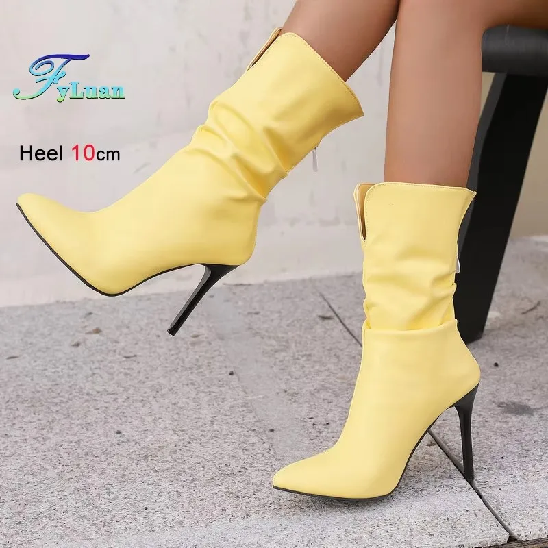

2026 Spring New Woman Mid-calf Boots Europe and America Pleated Boots For Female 10CM High Heel PU leather Pointy Women Shoes CD