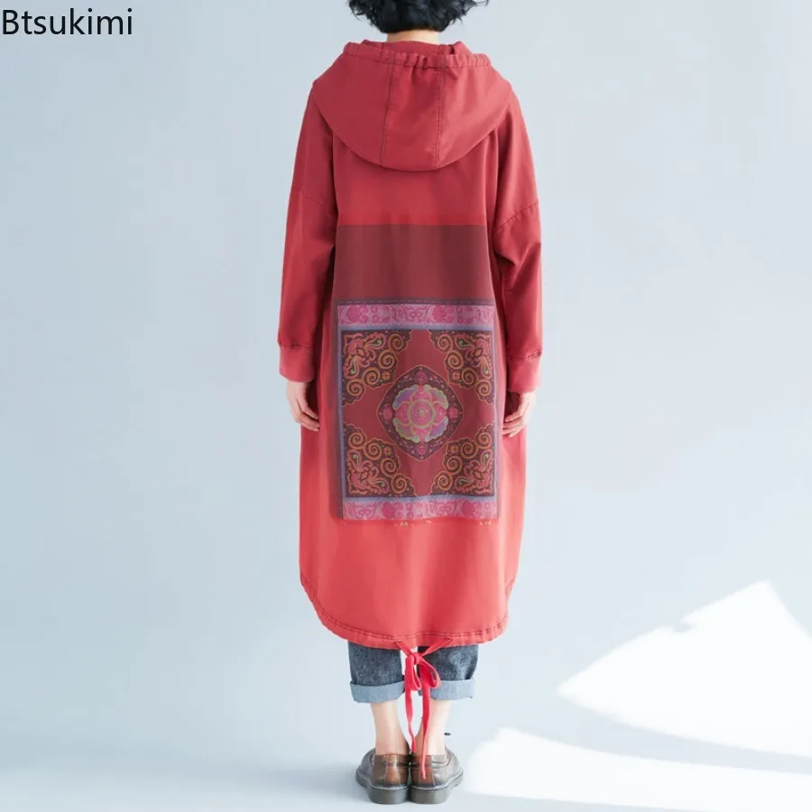 2025 Autumn Women's Loose Long Hoodies Vintage Printed Design Fashion Women Clothing Casual Sweatshirts Ladies Hooded Long Dress