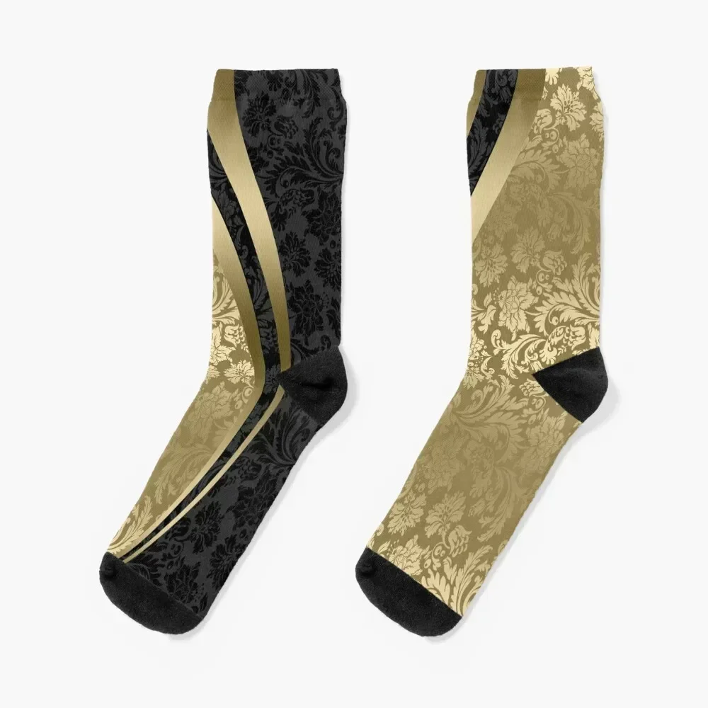 

Black And Gold Damasks And geometric Stripes Socks cartoon Heating sock valentine gift ideas Socks For Girls Men's