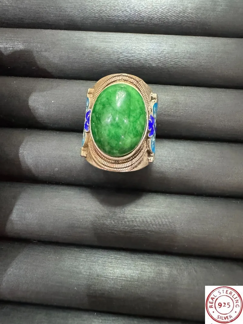 

Tibetan Silver Cloisonne Ring, Inlaid Green Star Gemstone, Retro Ethnic Style, Adjustable Open Band, Unisex Vintage Finger