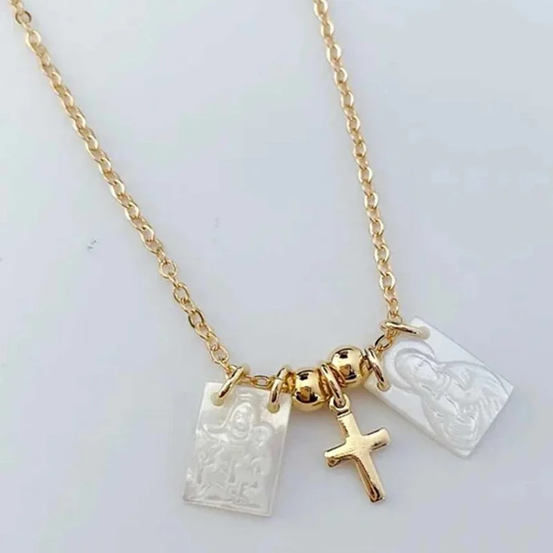 Obega Gold Color Cross Square Shell Women Necklace Virgin Mary Pattern Gold Beads Charm Trendy Necklace Choker Fashion Jewelry