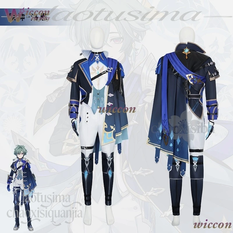 YesOk Anime Game Genshin Impact Cosplay Lohen Costume Knight Styles Uniform Long Dark Blue Cape White Uniform Y2K Wigs Halloween
