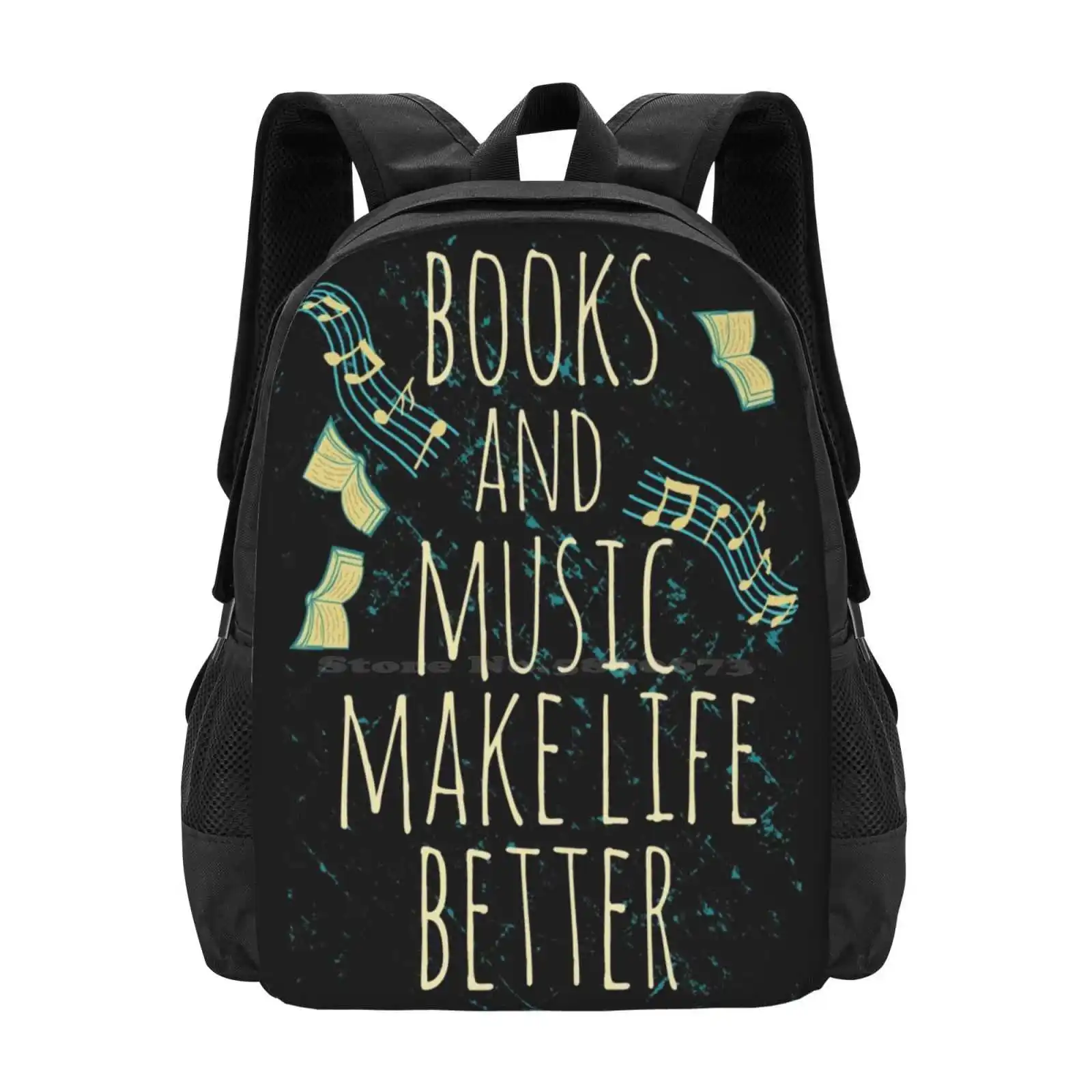 Books And Music Make Life Better #1 School Bag Big Capacity Backpack Laptop Nerd Geek Fangirling Fandoms Tumblr Song Sing Book