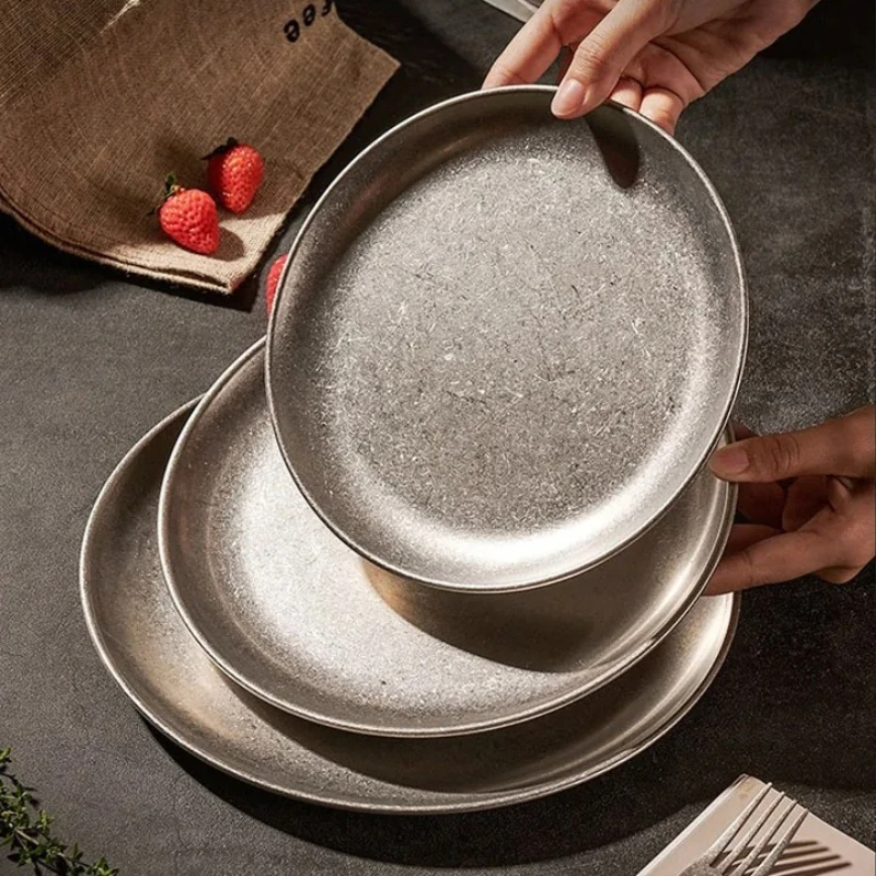 304 Stainless Steel Plates Vintage Multi-Function Storage Tray Classical Durable Western Dish Steak Dessert Plate Table Decor