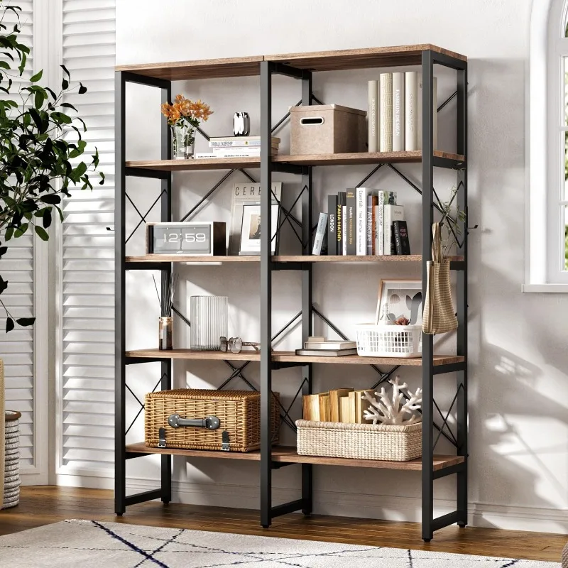 4 feet5 tier Large 47'' Double Wide Bookshelves for Living Room, Office Shelf, Modern Industrial Bookshelf with Metal Frame