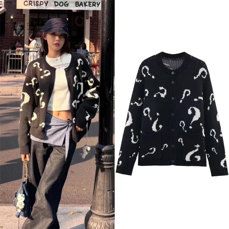 

Women's knitted sweater early autumn single-breasted round-neck jacquard sweater simple and fashionable women's top