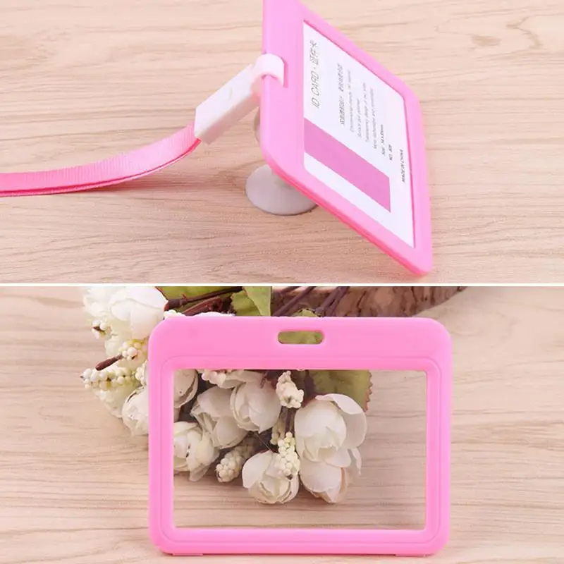 1Pc Horizontal Double Sided ID Card Holder Hanging Rope Transparent Waterproof Name Badge Holder Horizontal Id Badge Holder