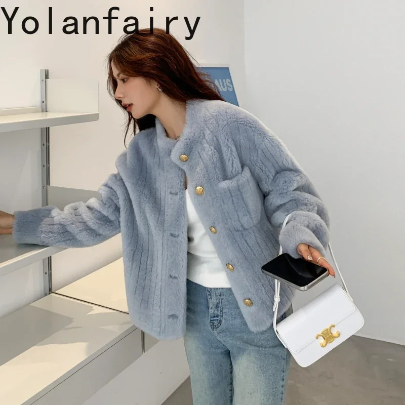 YOLANFAIRY Shearling Coat Real Fur Coat Womens New in Outwears Women Clothes Winter Stand Collar Coats Fashion Пальто Женское