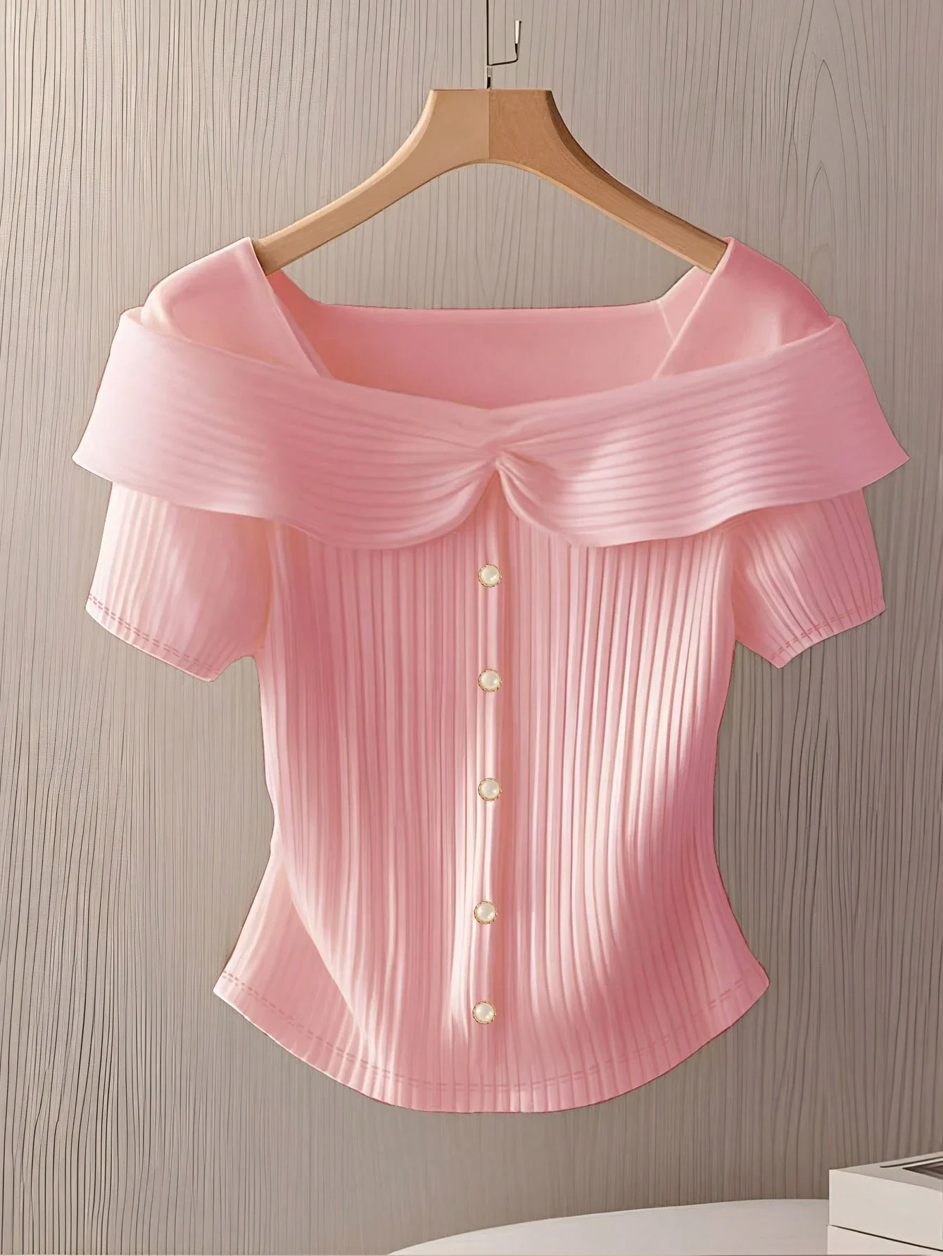 

Women's Off Shoulder Ruffle Pleated Button Short Sleeve Blouse