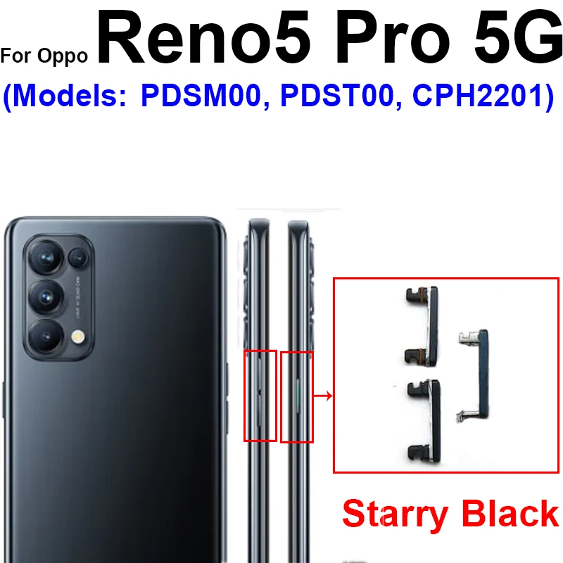 OPPO Reno 5 Pro Plus 5 Lite 5F 5Z 4G 5G 용 전원 볼륨 사이드 버튼, On Off 전원 볼륨 업 다운 스위치 키 부품