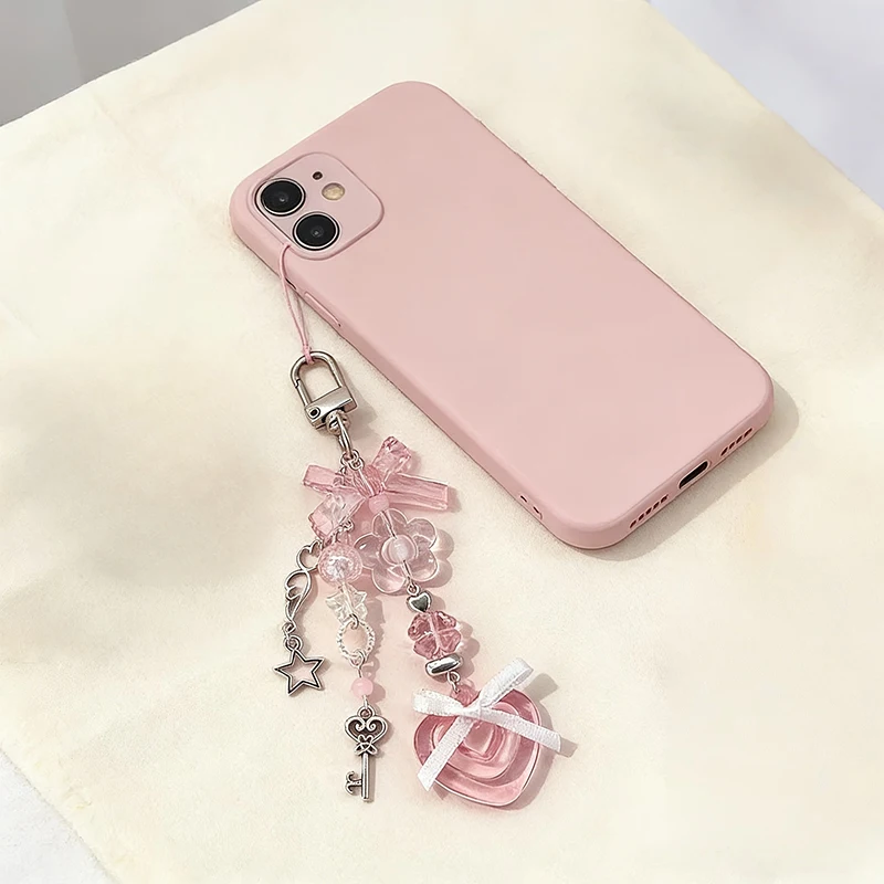 Goth Phone Charm Pink Silve Bow Heart Star Keychain Pendant Key Chain Bag Phone Chain Cute Accessory For Girls Women Jewelry