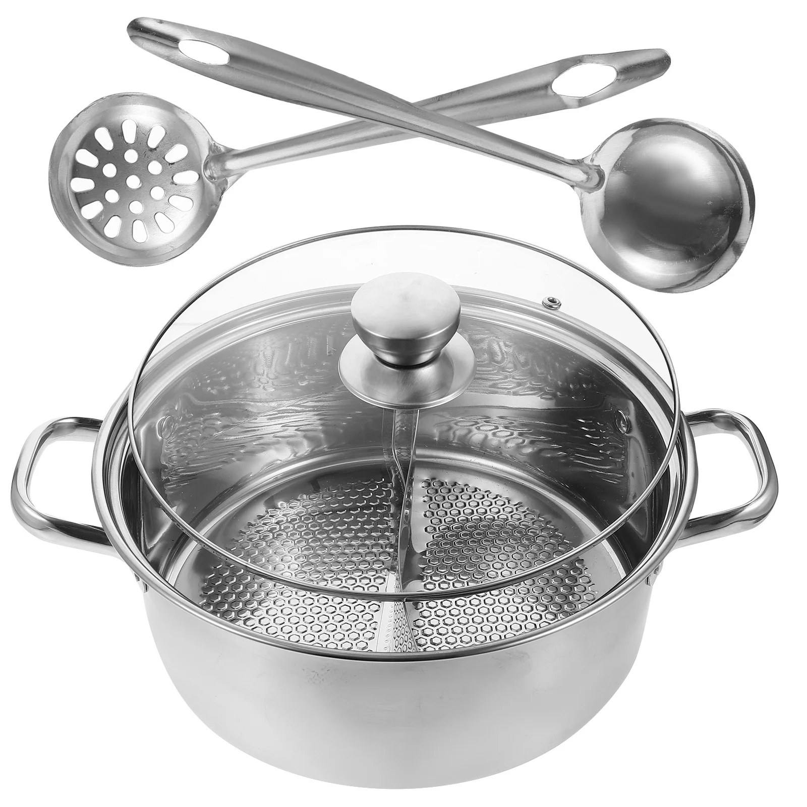 

1Pcs Stainless Steel Thickened Hot Pot Cooker Flat Bottom Dual Flavor Hot Pot with Lid Suitable for Induction Gas Electric Stove